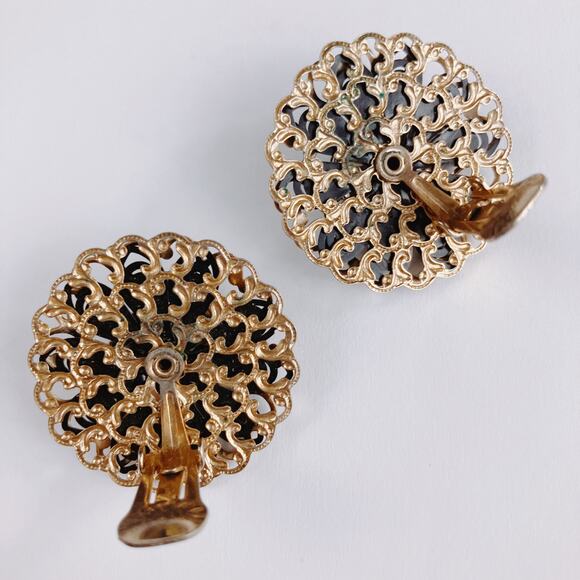 VTG Mid Century Clip On Earrings Gold Tone Filigree Black Cabochons 1950s - Picture 9 of 11